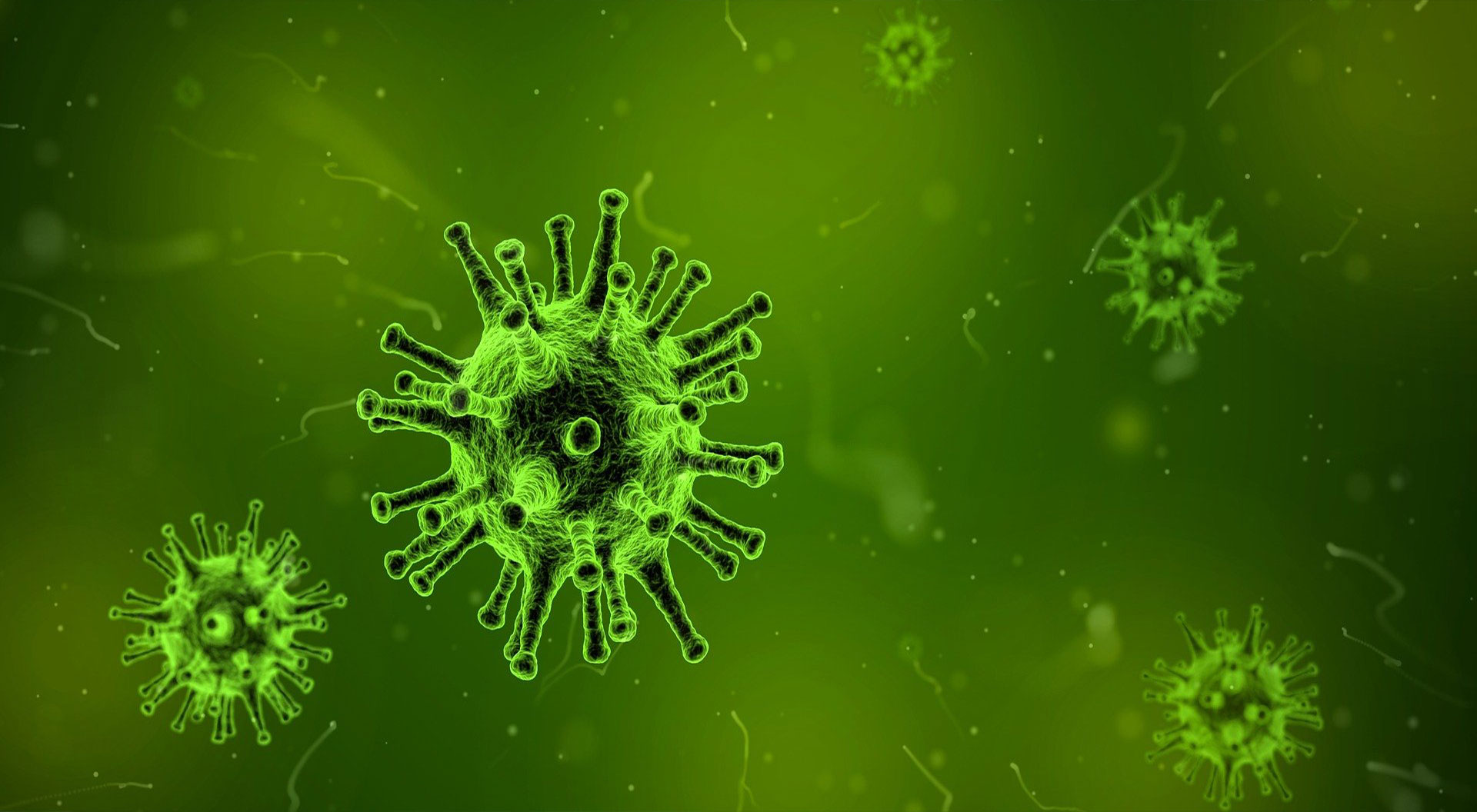 spiked virus on green background