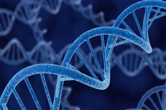 Blue strand of DNA on dark background